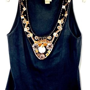 Women’s black shell decorated with wooden beads, stones, glass beads. Size L